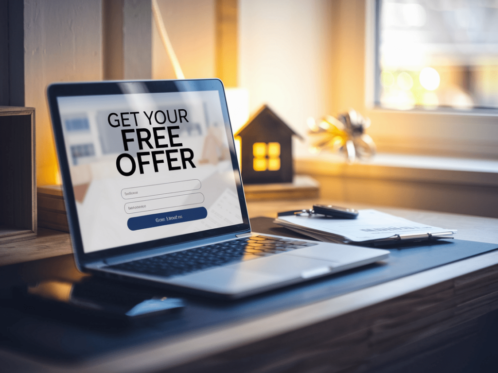 A laptop on a wooden desk displays a "Get Your Free Offer