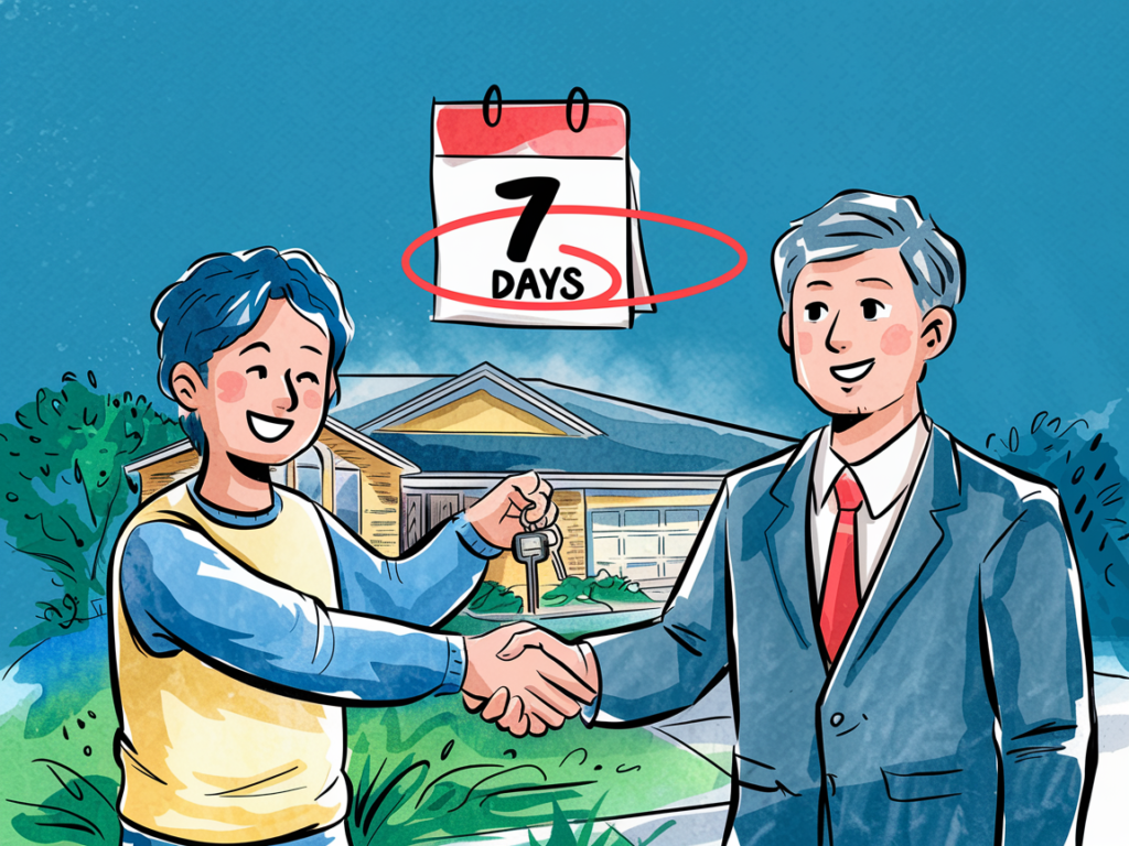 A cheerful cartoon-style watercolor illustration of a happy homeowner shaking hands with a cash buyer while handing over house keys. A calendar in the background has "7 Days" circled in red, emphasizing the quick closing process.