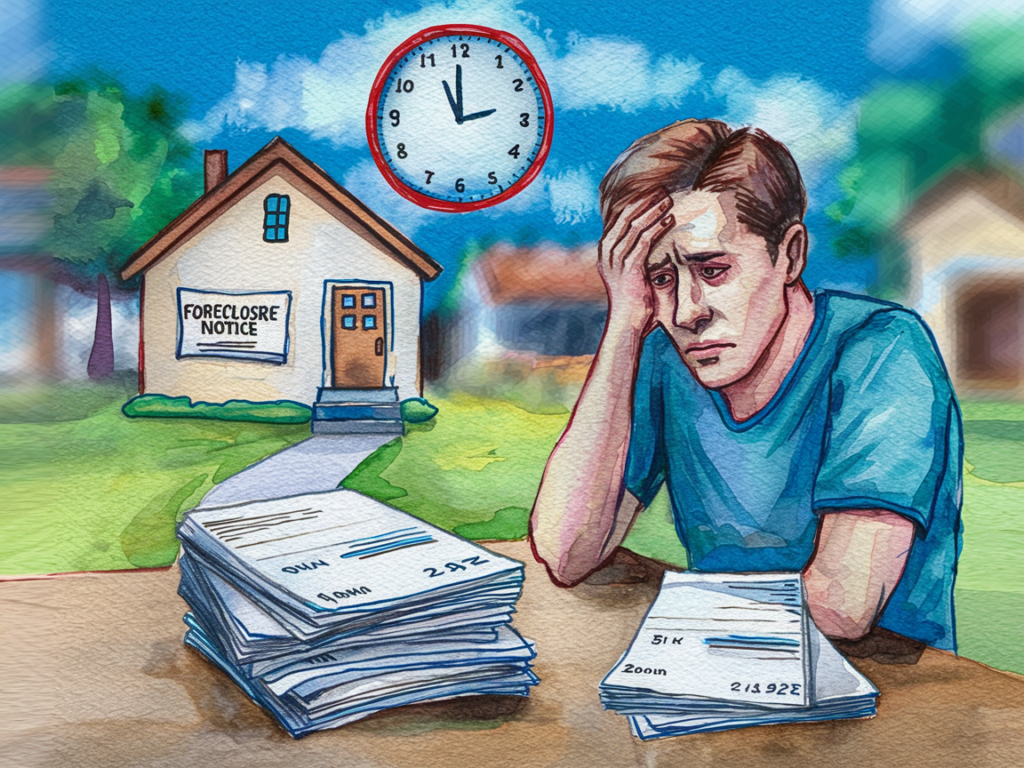 Stressed Virginia homeowner looking at foreclosure notice with clock ticking in the background, symbolizing urgency