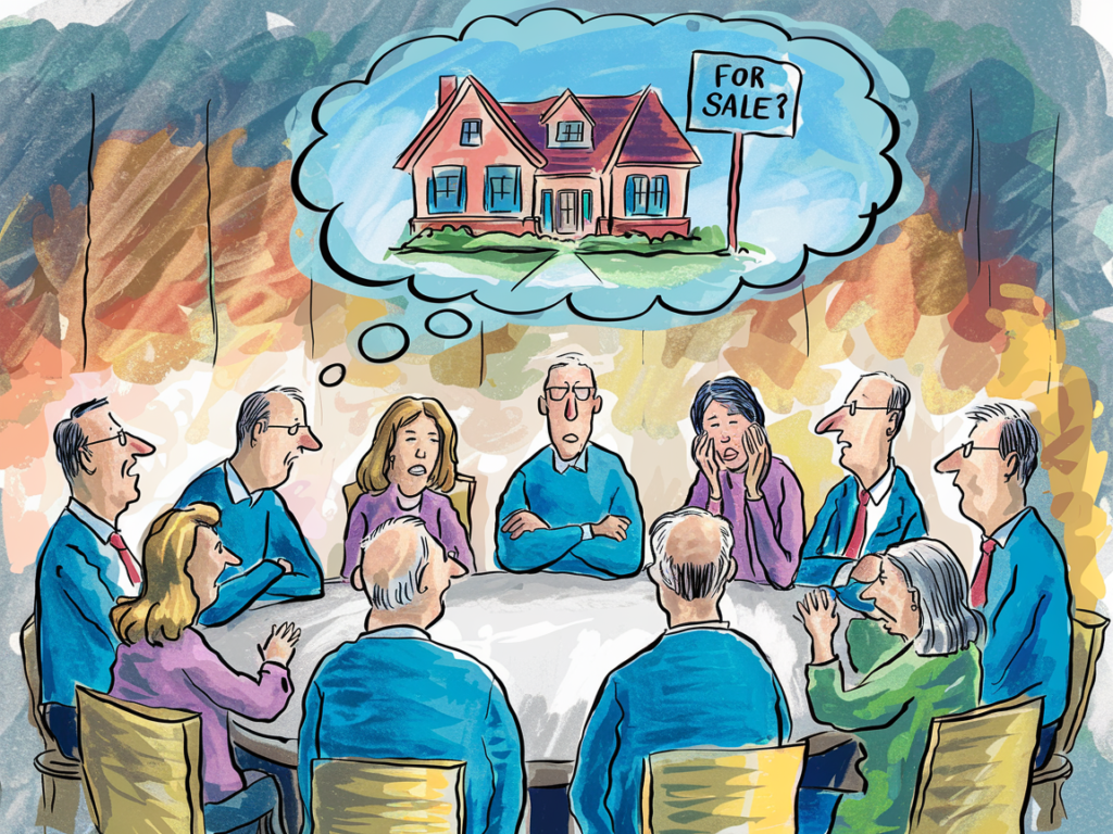 A cartoon-style watercolor illustration of multiple family members sitting at a round table, debating the sale of an inherited house. Some look frustrated while others are deep in thought, with a thought bubble showing a house with a "For Sale?" sign.